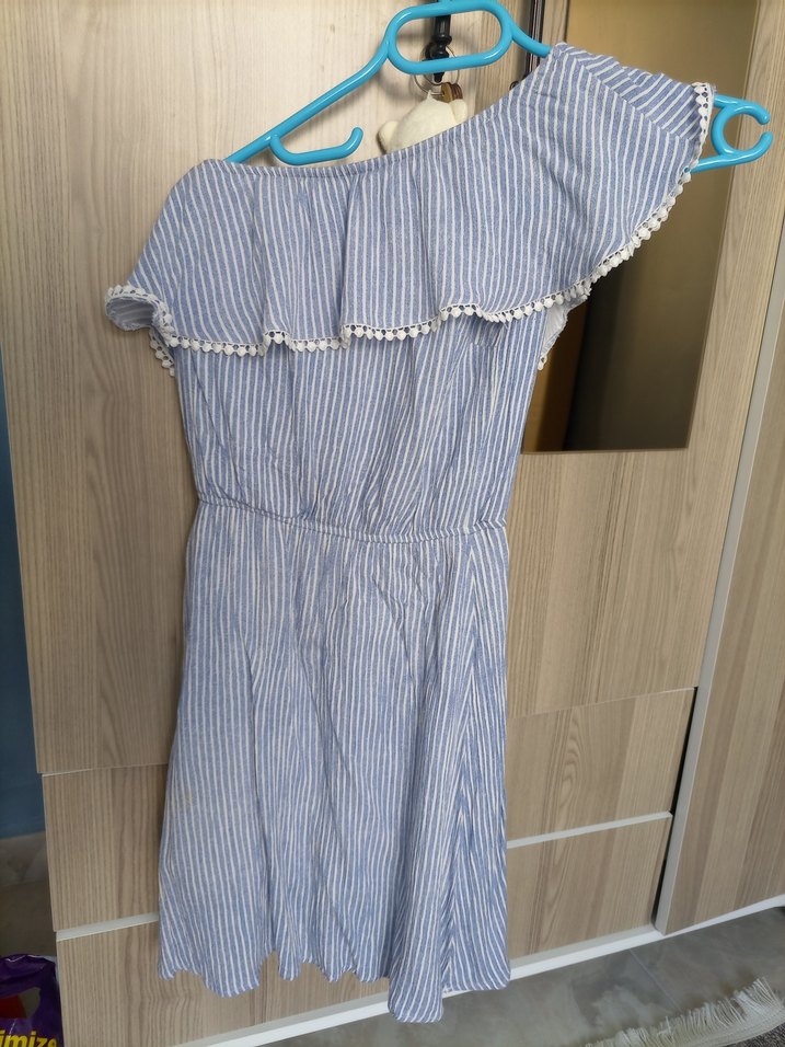 Mavi Çizgili Mini Askılı Elbise - Görsel 2