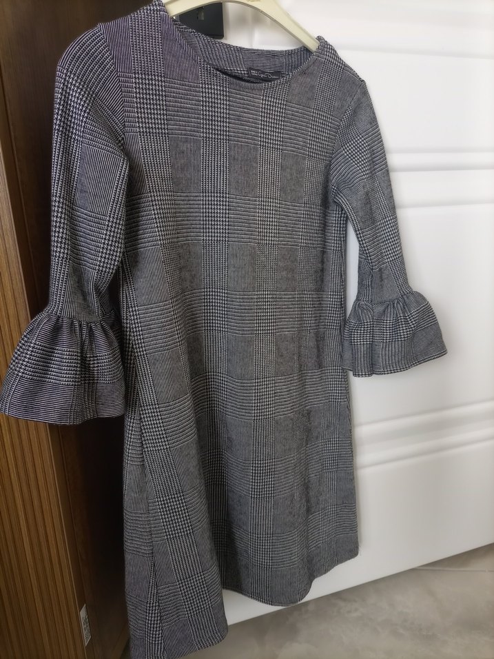 Gri Ekose Uzun Kollu Midi Elbise - Görsel 4