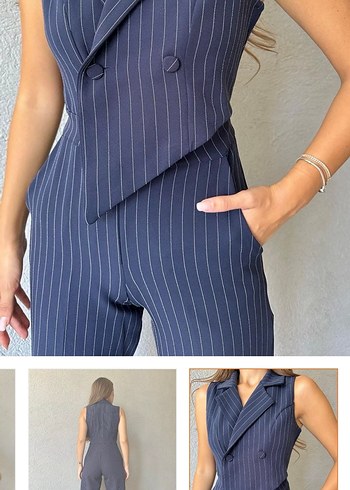 Lacivert Kadın çizgili tulum - Görsel 2