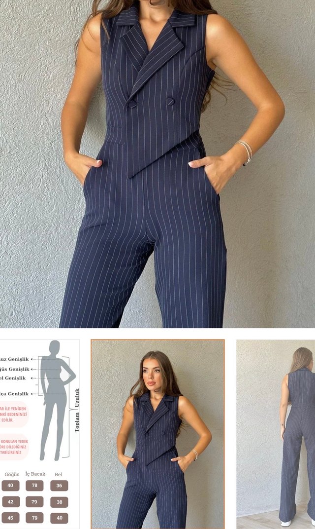 Lacivert Kadın çizgili tulum - Görsel 3