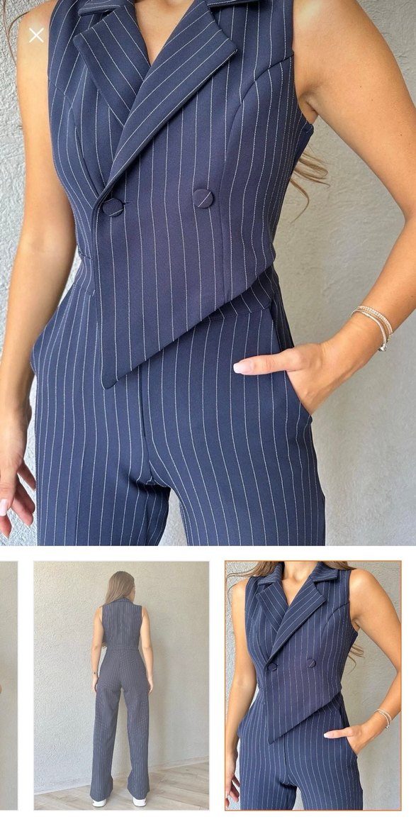 Lacivert Kadın çizgili tulum - Görsel 2