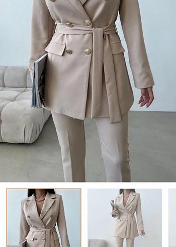 Bej Klasik Kesim Kadın Kumaş ceket Panton - Görsel 2