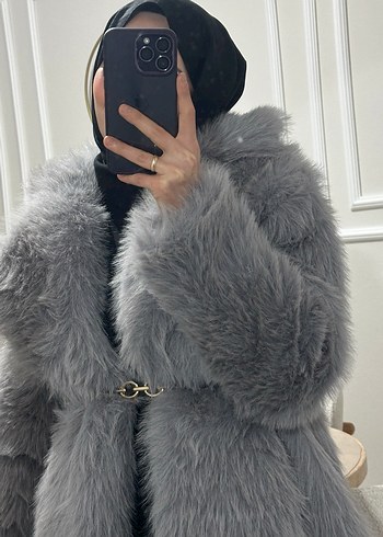 Gri Uzun Kollu Kadın Suni Kürk - Görsel 2