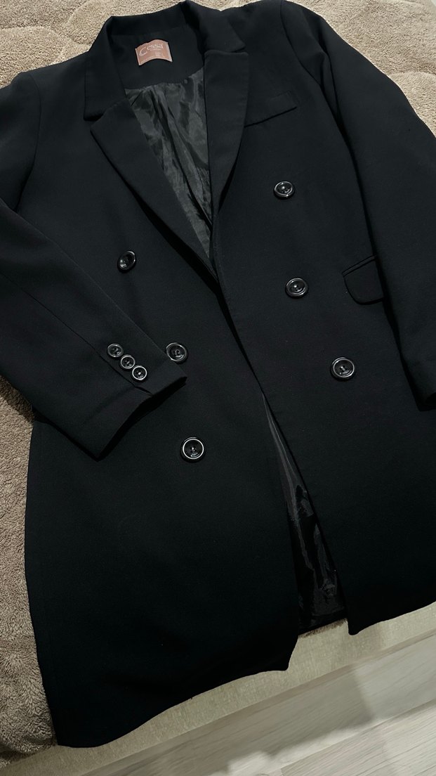 Kadın Siyah Düğmeli Midi Blazer Ceket - Görsel 2