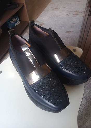 Kadın Mavi Platform Topuklu Parlak Sneakers