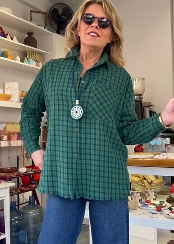Yeşil Kareli Düğmeli Salaş Gömlek - Görsel 2