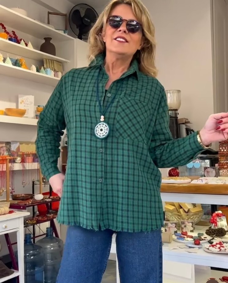 Yeşil Kareli Düğmeli Salaş Gömlek - Görsel 2