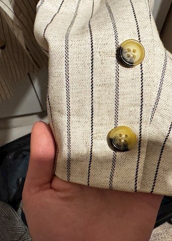 Çizgili Bej Keten Kadın Blazer - Görsel 5