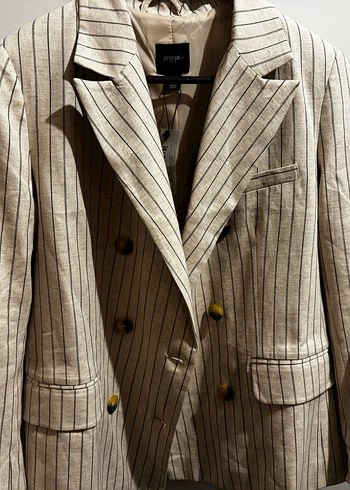 Çizgili Bej Keten Kadın Blazer - Görsel 2