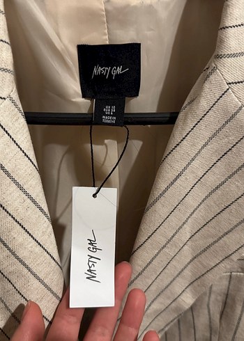 Çizgili Bej Keten Kadın Blazer - Görsel 3