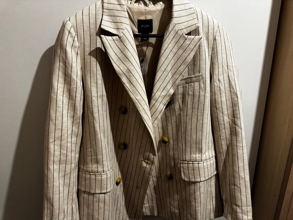 Çizgili Bej Keten Kadın Blazer - Görsel 2