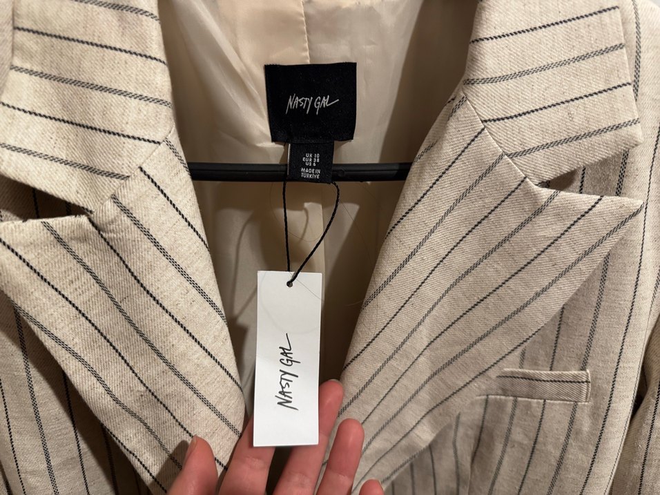 Çizgili Bej Keten Kadın Blazer - Görsel 3