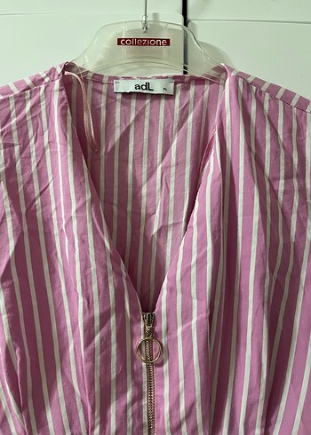 Pembe Çizgili V Yakalı Uzun Elbise - Görsel 3