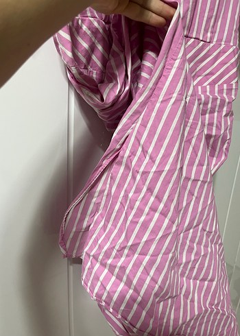 Pembe Çizgili V Yakalı Uzun Elbise - Görsel 2