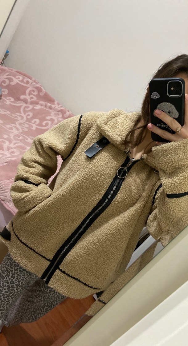Bej Peluş Kadın Ceket Yüksek Yakalı - Görsel 2