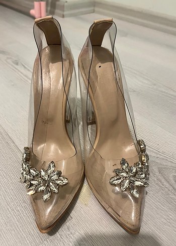 Bej Cam Topuklu Kadın Abiye Ayakkabı - Görsel 2