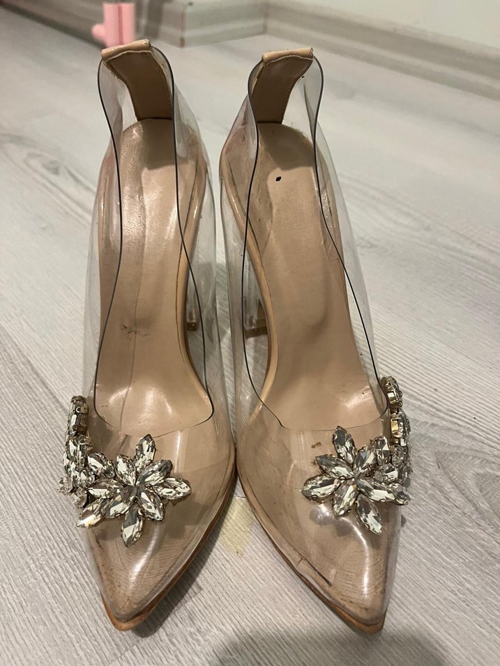 Bej Cam Topuklu Kadın Abiye Ayakkabı - Görsel 3