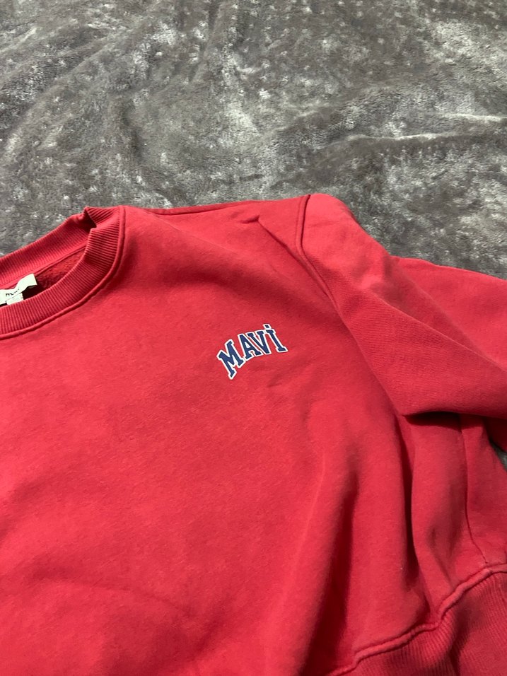 Kırmızı Kadın Sweatshirt Mavi Baskılı - Görsel 3