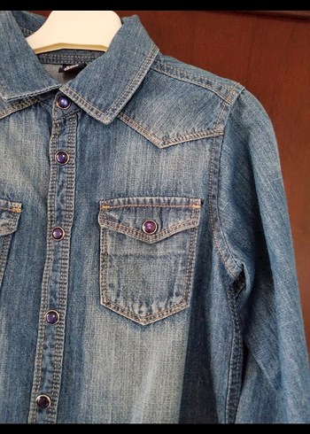 Çocuk Uzun Kollu Düğmeli Denim Gömlek - Görsel 6