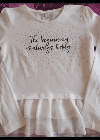SİFİR ÜRÜN Kız Çocuk Beyaz Uzun Kollu Fırfırlı Tişört - Görsel 3