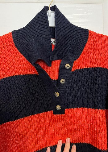 Kırmızı Siyah Çizgili Örgü Kadın Kazak - Görsel 2