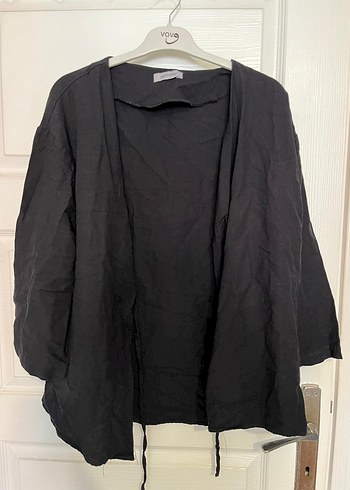 Siyah Midi Uzun Kollu Keten Kadın Ceket - Görsel 2