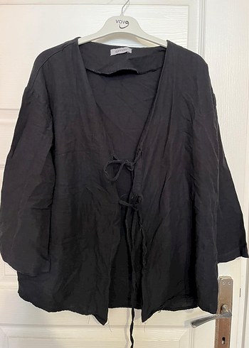 Siyah Midi Uzun Kollu Keten Kadın Ceket - Görsel 3