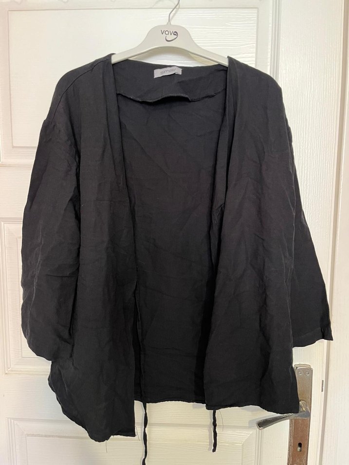 Siyah Midi Uzun Kollu Keten Kadın Ceket - Görsel 2