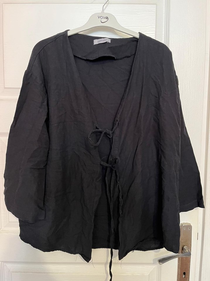 Siyah Midi Uzun Kollu Keten Kadın Ceket - Görsel 3