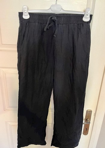 Kadın Siyah Keten Midi Bol Kesim Pantolon - Görsel 2