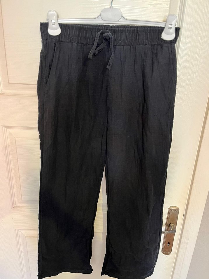 Kadın Siyah Keten Midi Bol Kesim Pantolon - Görsel 2