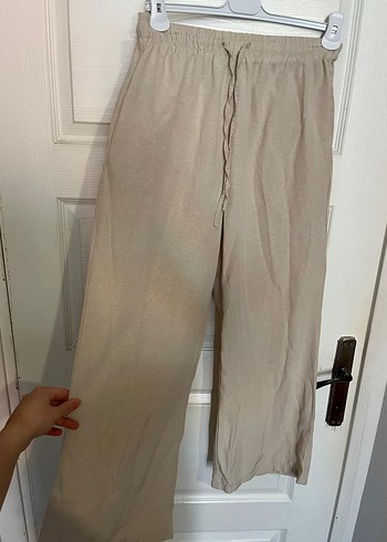 Bej Bol Kesim Keten Kadın Pantolon - Görsel 3