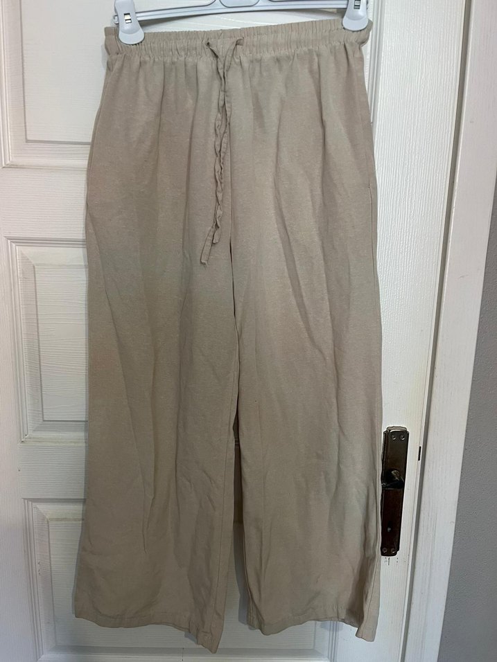 Bej Bol Kesim Keten Kadın Pantolon - Görsel 2