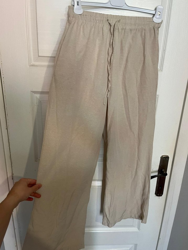 Bej Bol Kesim Keten Kadın Pantolon - Görsel 3