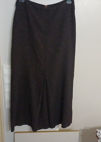 Drapeli Keten Kumaş Uzun Kahverengi Etek - Görsel 2