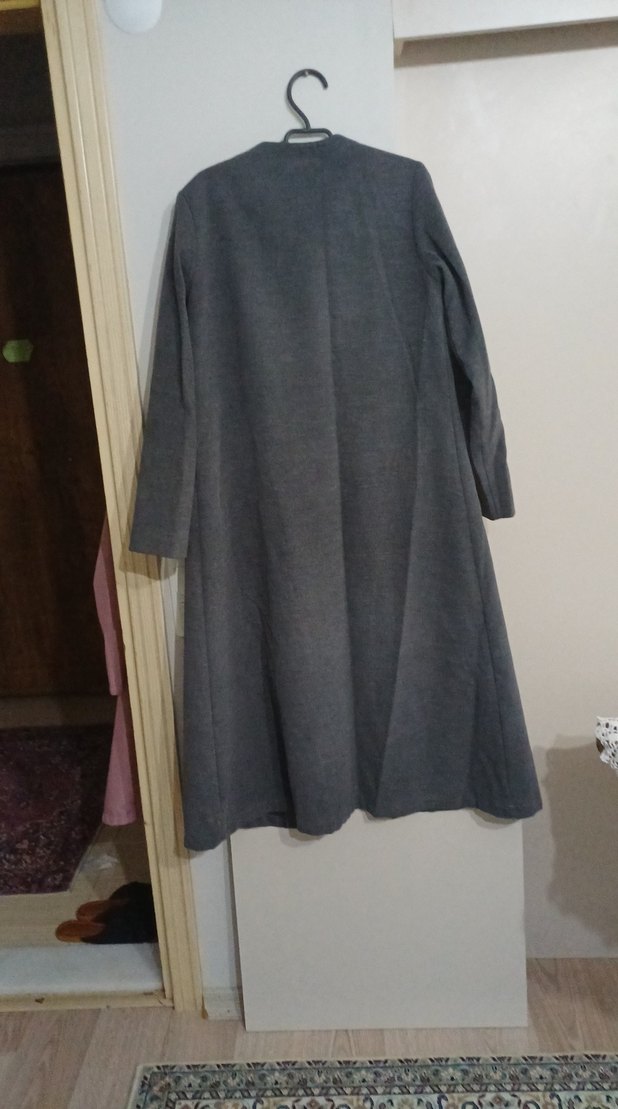 Düğmeli Gri Uzun Keten Kadın Kaban - Görsel 3