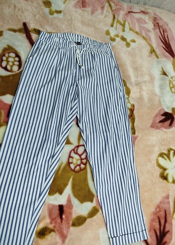 Mavi Çizgili Salaş Kadın Kumaş Pantolon m beden - Görsel 2