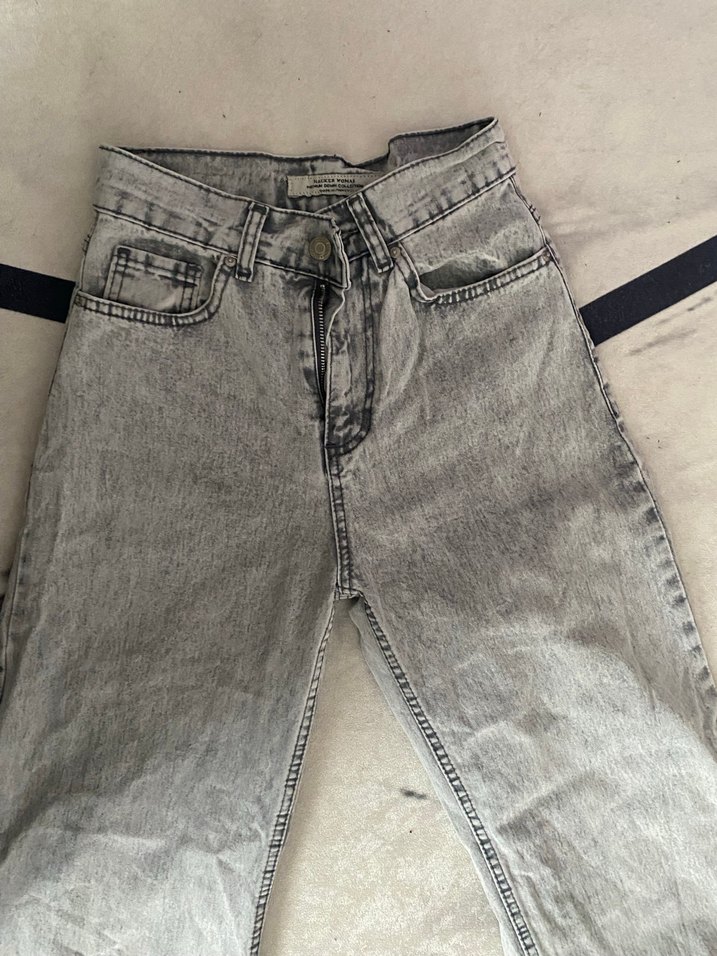 Düğmeli Gri Kadın Denim Pantolon - Görsel 2