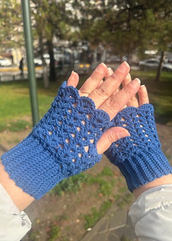 Dantel Detaylı Mavi Örgü Kadın Eldiven - Görsel 3
