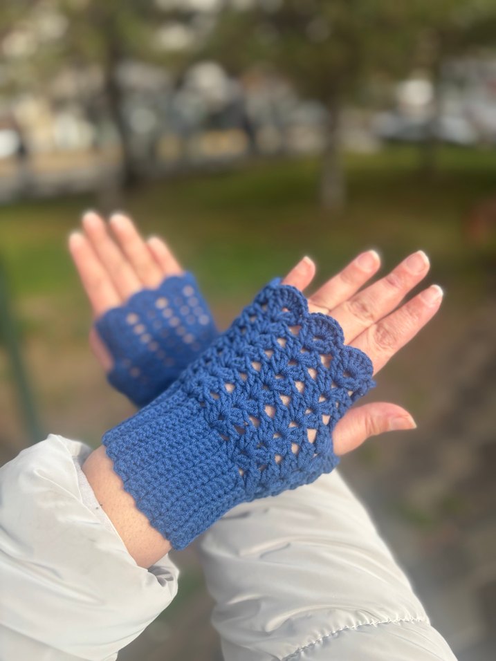 Dantel Detaylı Mavi Örgü Kadın Eldiven - Görsel 2