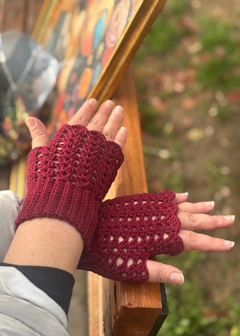 Bordo Dantel Detaylı Kadın Örgü Eldiven - Görsel 2