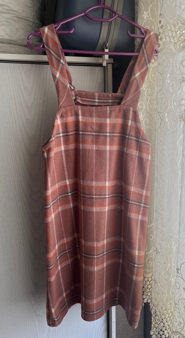 Kızlar için Ekose Desenli Kahverengi Tulum - Görsel 3