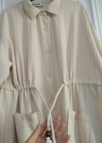 Bej Uzun Kollu Düğmeli elbise - Görsel 5