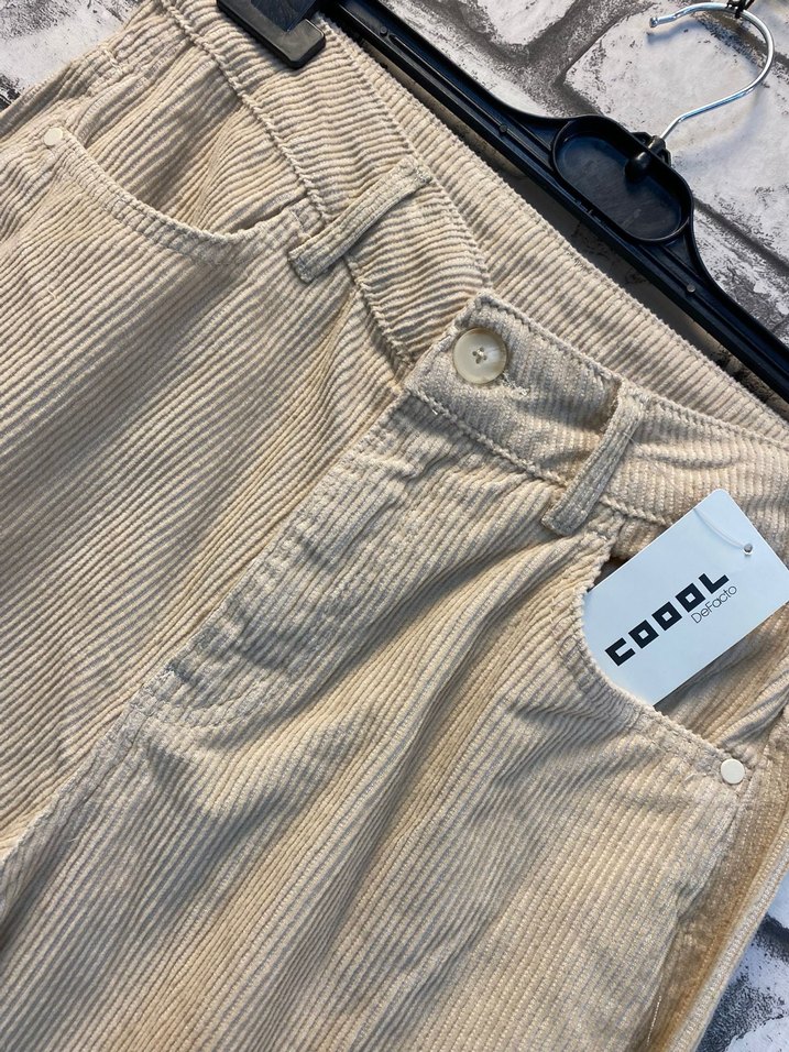 Düğmeli Bej Keten Bol Kesim Kadın Pantolon - Görsel 2