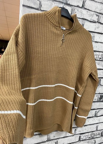 Boğazlı Yarım Fermuarlı Kahverengi Triko Kazak - Görsel 2