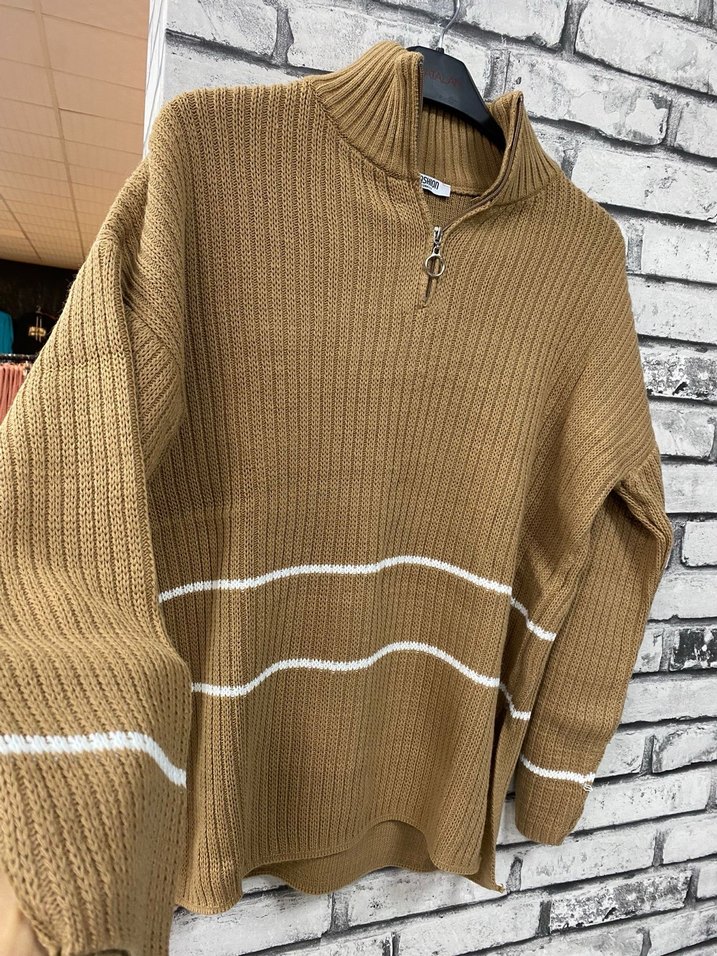 Boğazlı Yarım Fermuarlı Kahverengi Triko Kazak - Görsel 2