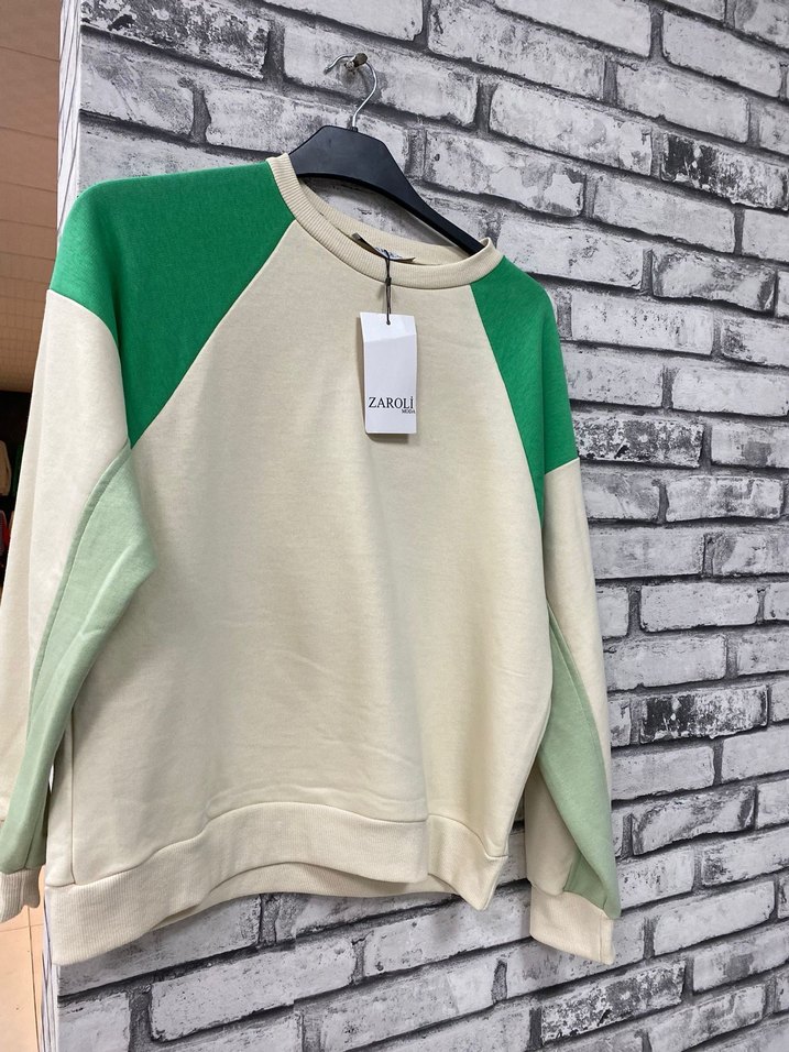 Gri ve Yeşil Örme Kadın Sweatshirt - Görsel 2