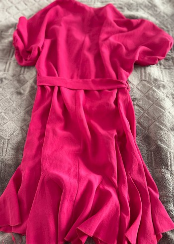 Pembe V Yaka Uzun Keten Elbise - Görsel 3