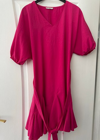 Pembe V Yaka Uzun Keten Elbise - Görsel 2