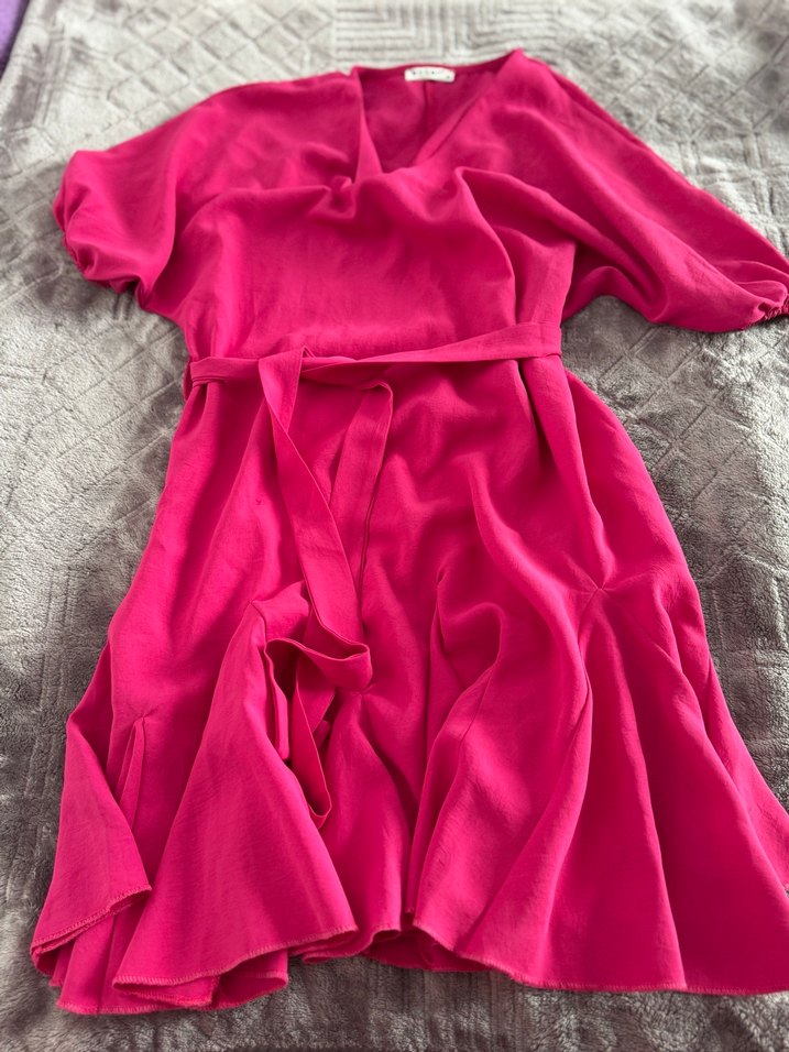 Pembe V Yaka Uzun Keten Elbise - Görsel 4